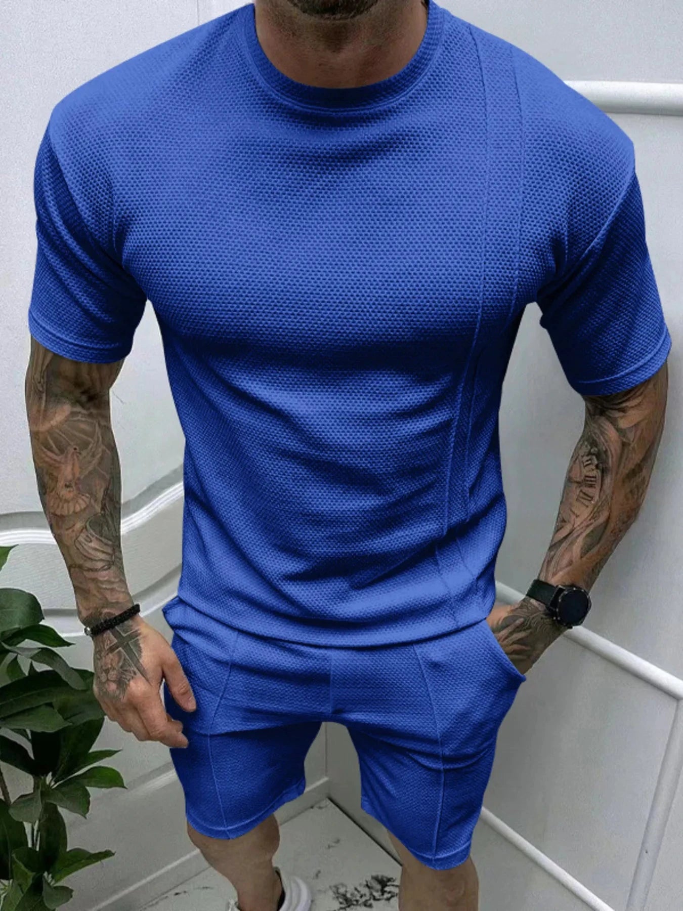 Men's Full Size Round Neck Tee and Shorts Set Plus Size Sapphire Blue / S
