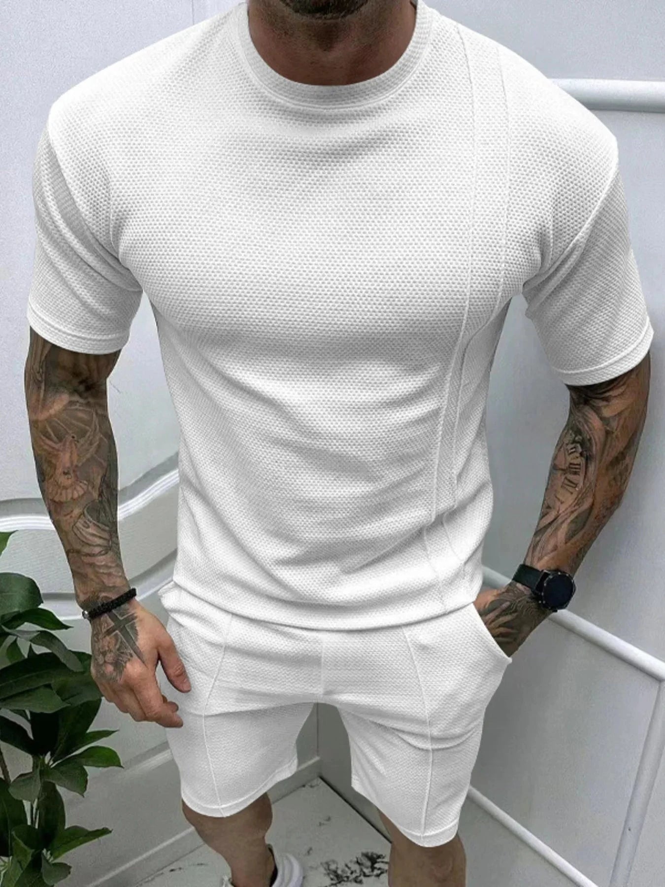 Men's Full Size Round Neck Tee and Shorts Set Plus Size White / S