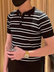 Men's Full Size Striped Button Detail Short Sleeve Polo Plus Size Black / S