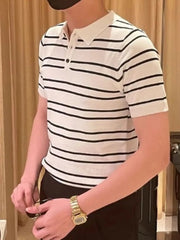 Men's Full Size Striped Button Detail Short Sleeve Polo Plus Size White / S