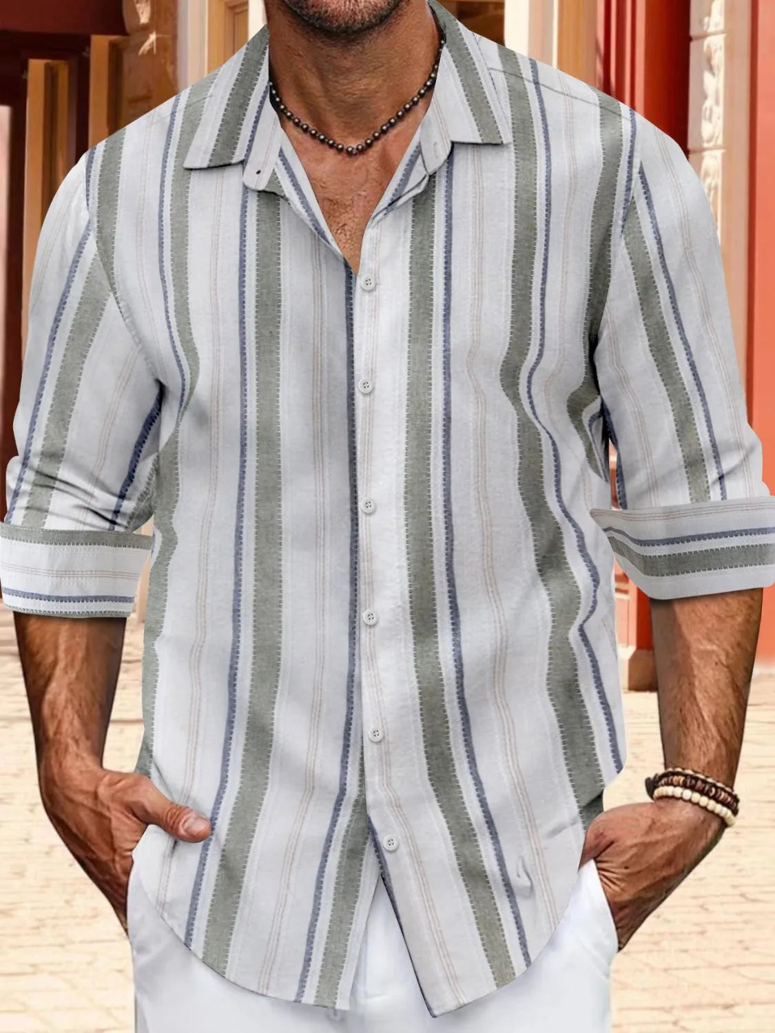 Men's Full Size Striped Button Up Long Sleeve Shirt Plus Size Sage / S