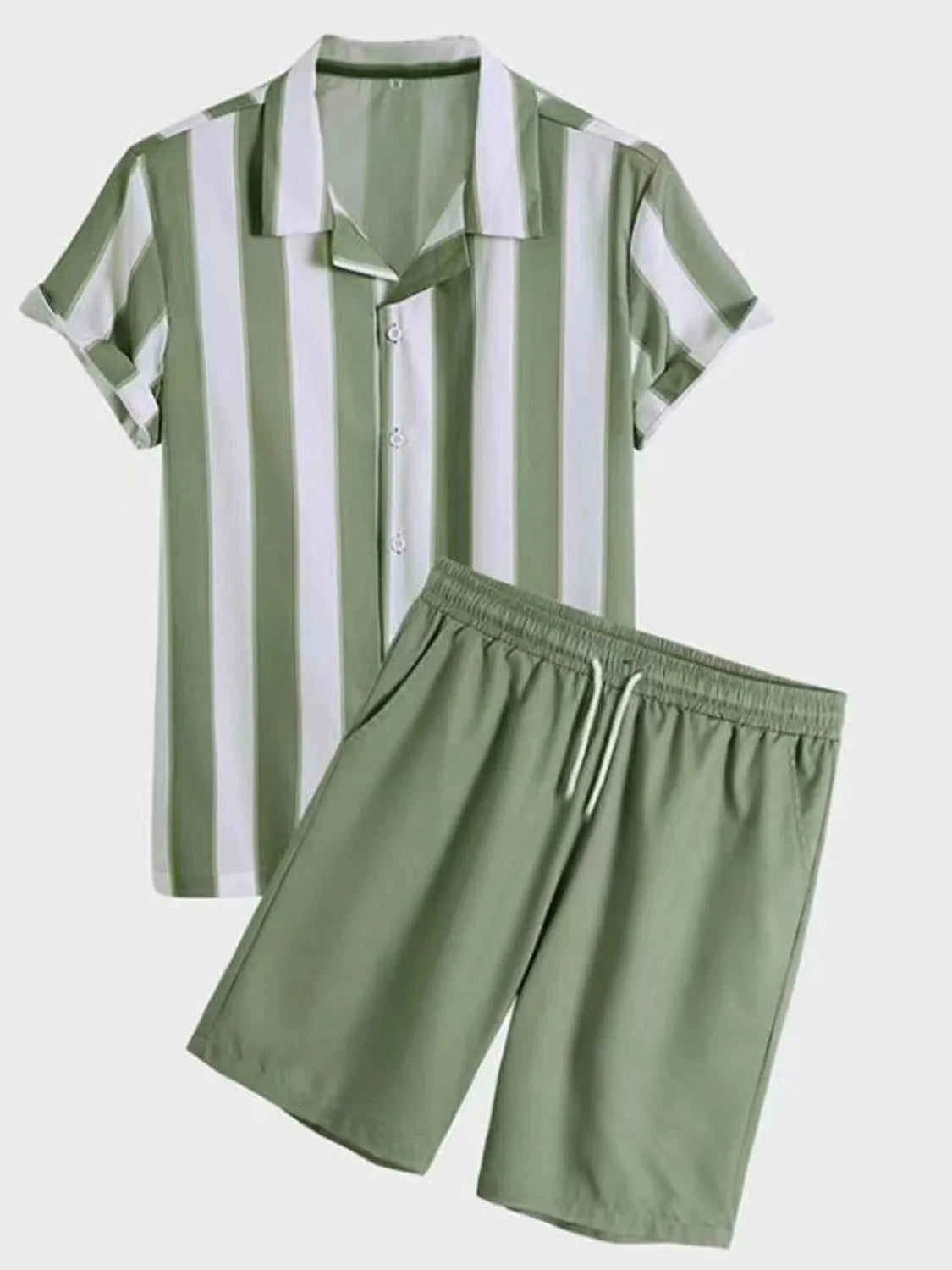 Men's Full Size Striped Casual Shirt and Shorts Set Plus Size Green / S