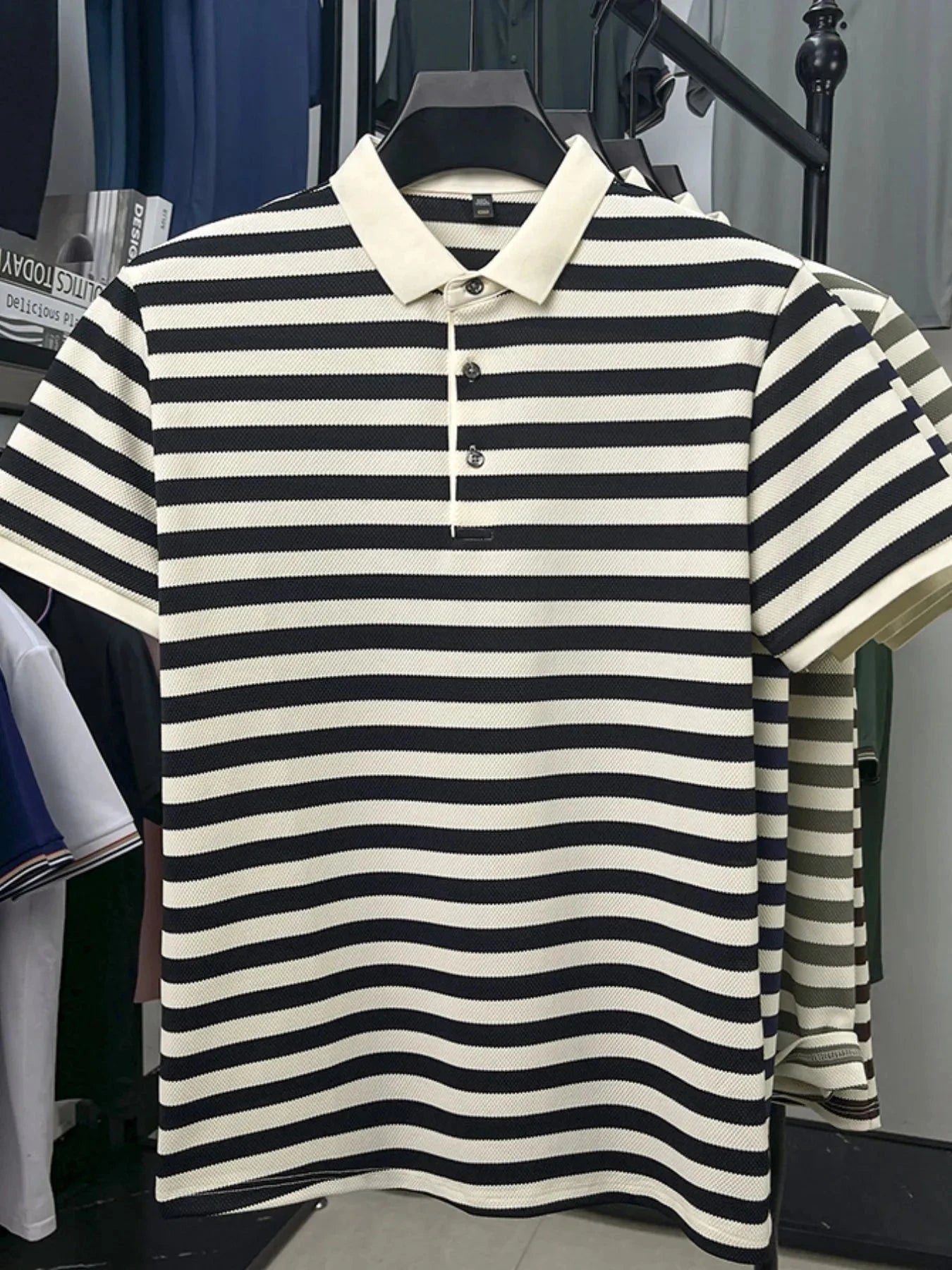 Men's Full Size Striped Short Sleeve Polo Plus Size Black / S