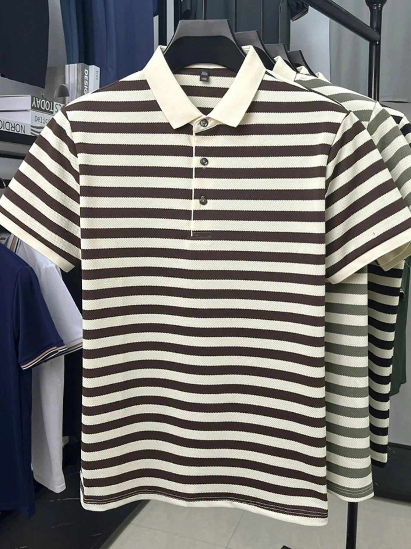 Men's Full Size Striped Short Sleeve Polo Plus Size Coffee Color / S