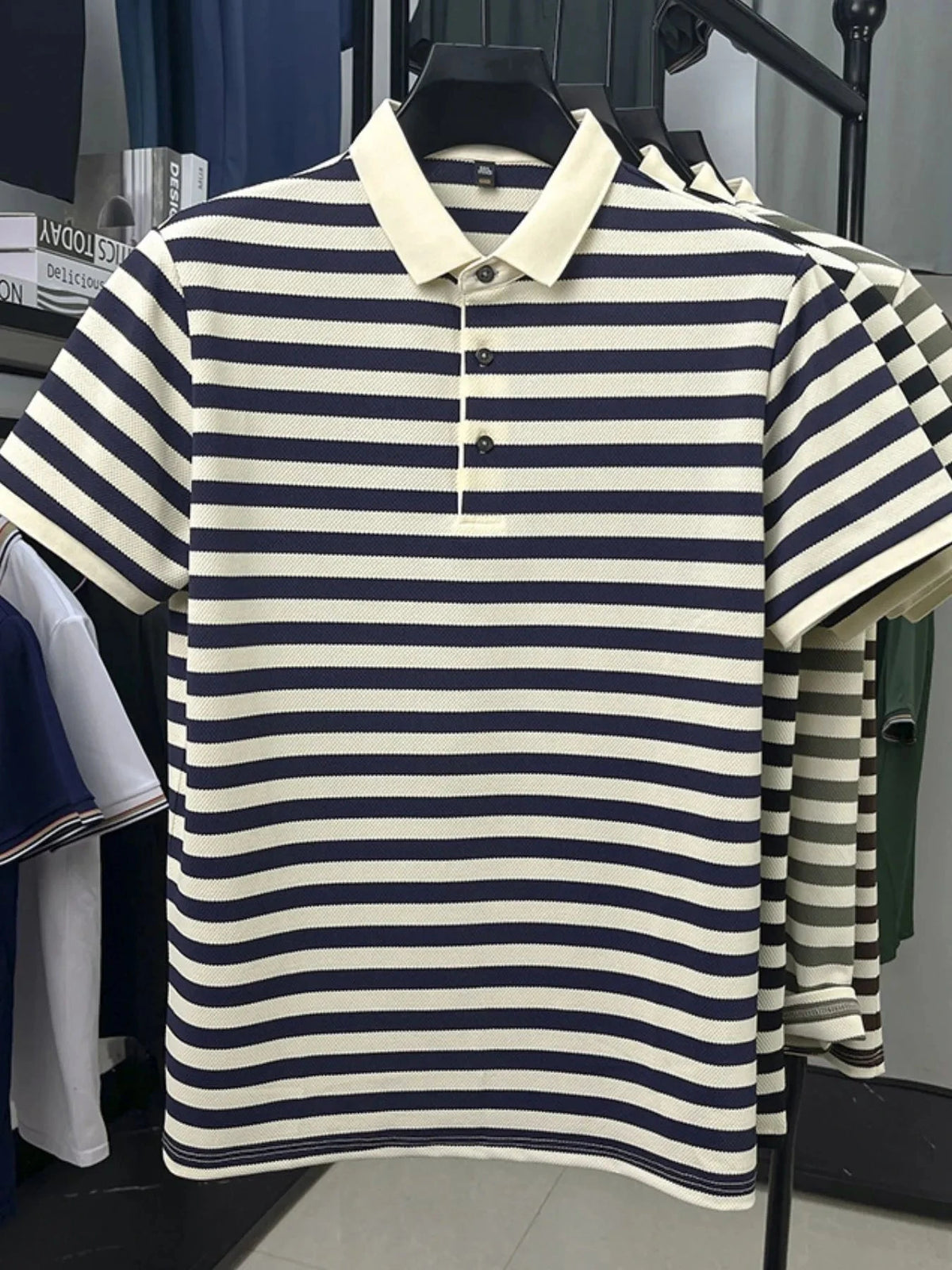 Men's Full Size Striped Short Sleeve Polo Plus Size Dark Blue / S