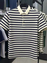 Men's Full Size Striped Short Sleeve Polo Plus Size Dark Blue / S