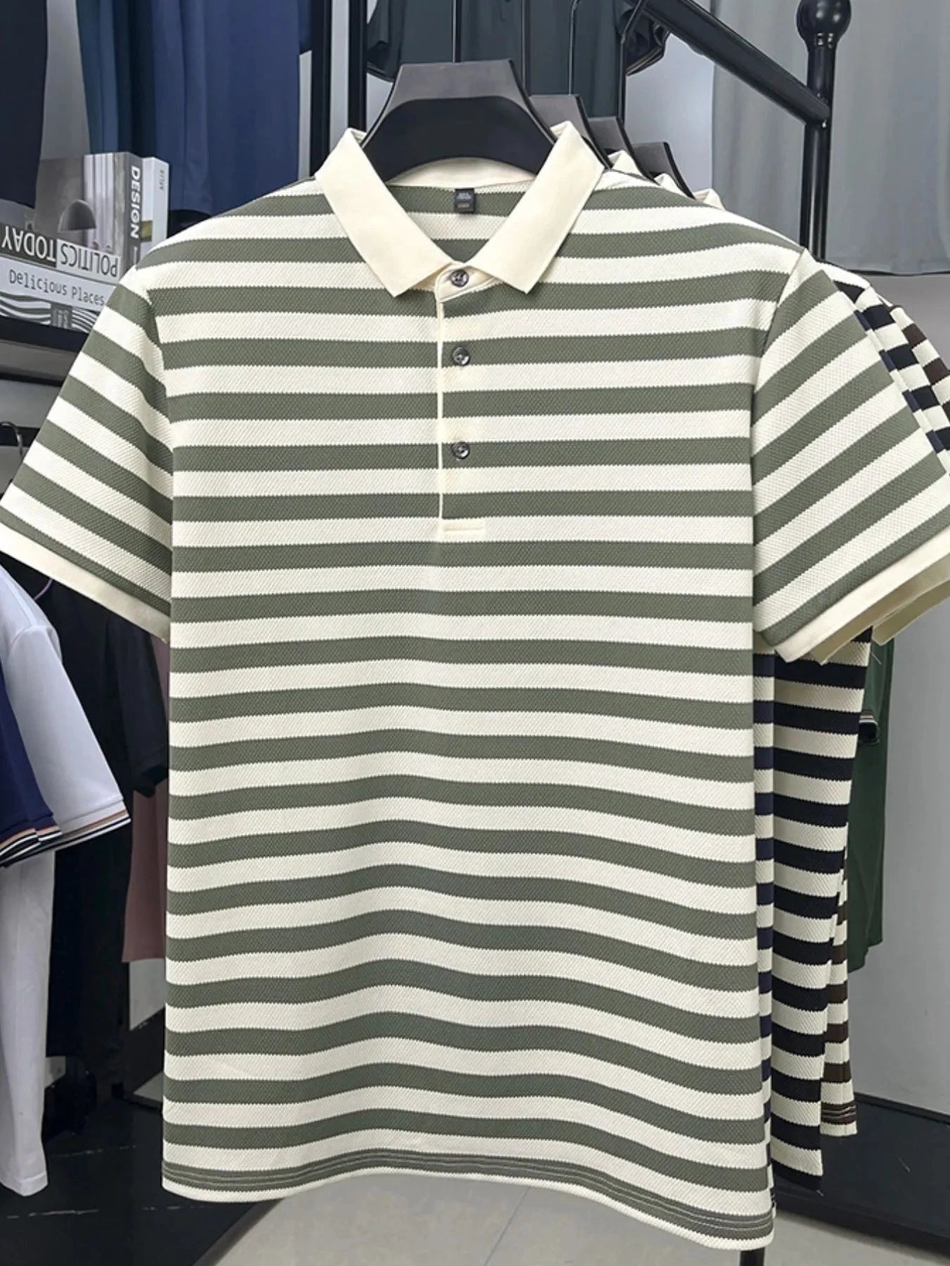 Men's Full Size Striped Short Sleeve Polo Plus Size Green / S