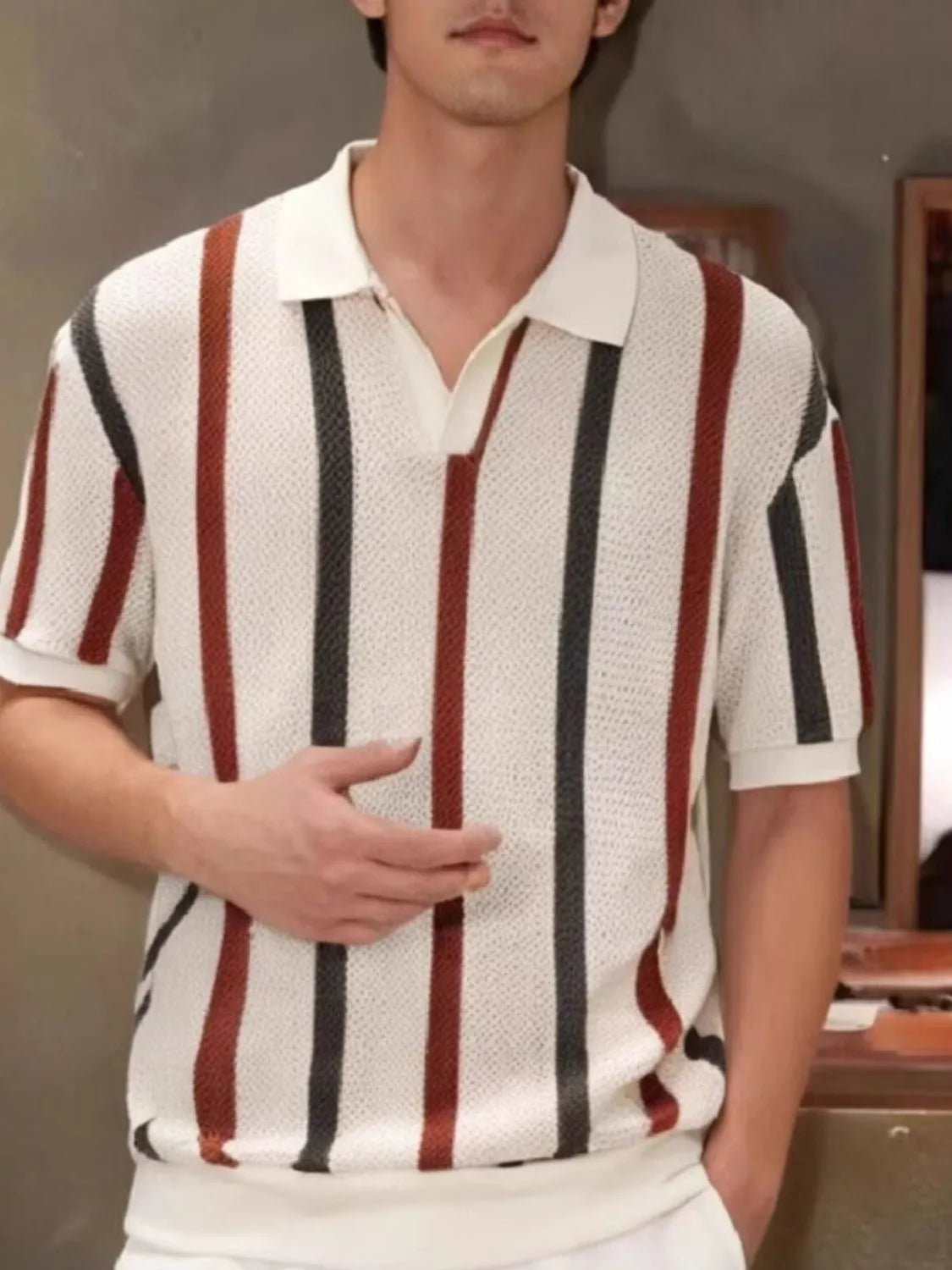 Men's Full Size Striped Short Sleeve Polo Plus Size Khaki / S