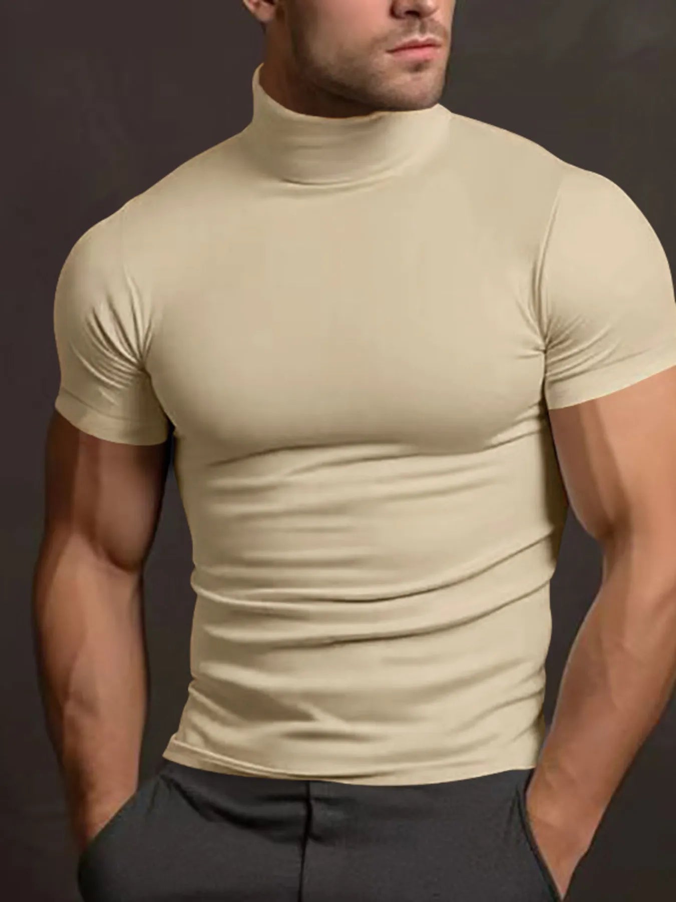 Men's Full Size Turtleneck Short Sleeve T-Shirt Plus Size Apricot / S