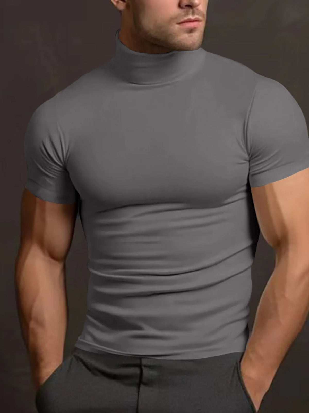 Men's Full Size Turtleneck Short Sleeve T-Shirt Plus Size Grey / S