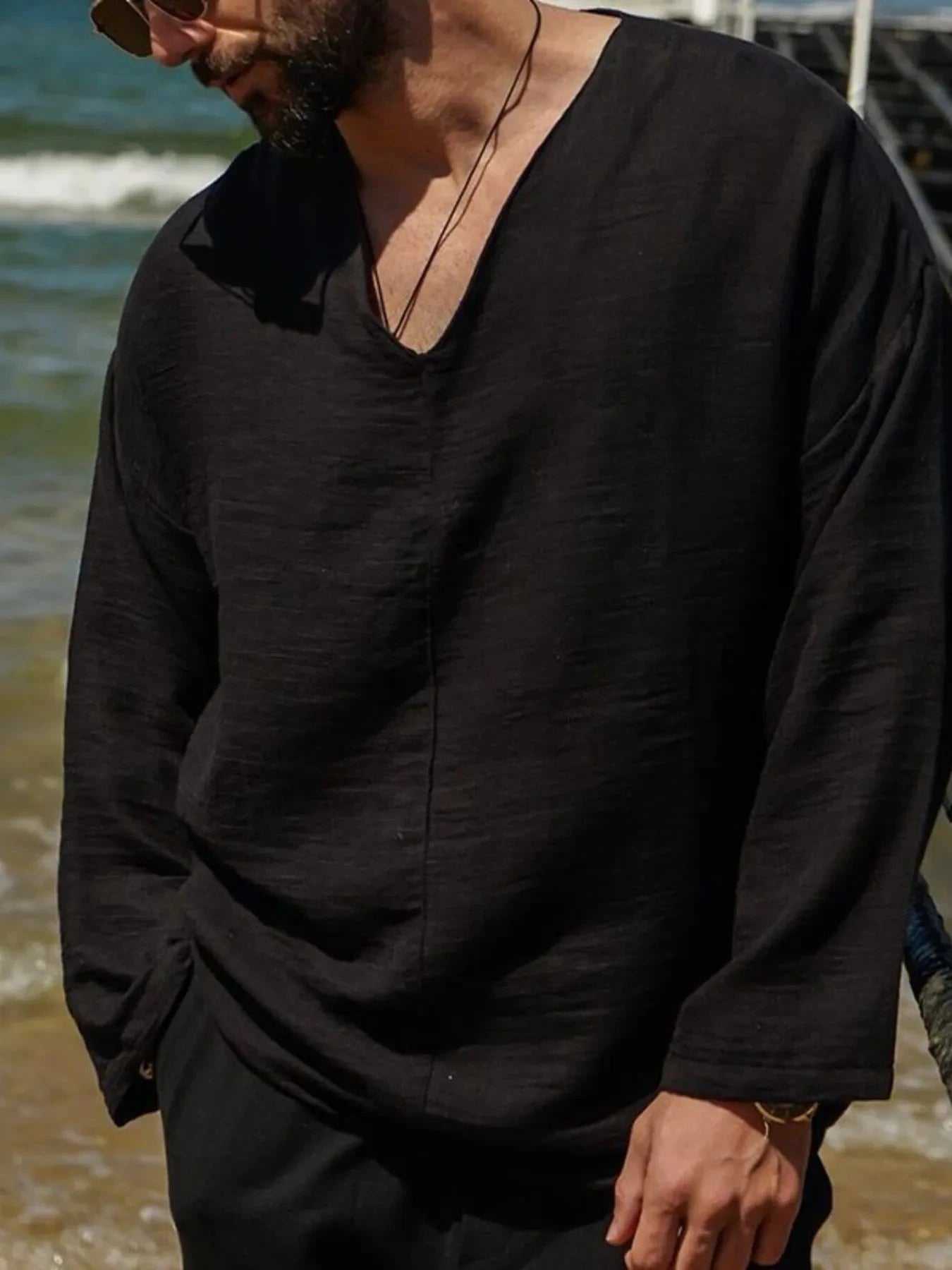 Men's Full Size V-Neck Long Sleeve Top Plus Size Black / S