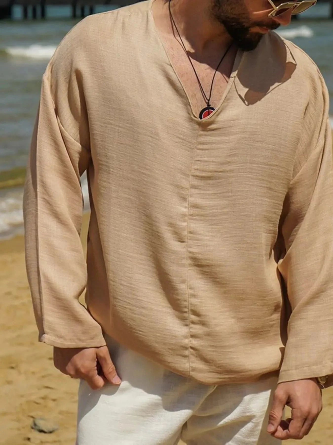 Men's Full Size V-Neck Long Sleeve Top Plus Size Khaki / S