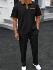 Men's Full Size Waffle-Knit Contrast Polo and Pants Set Plus Size Black / S