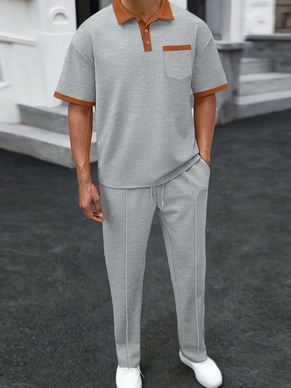 Men's Full Size Waffle-Knit Contrast Polo and Pants Set Plus Size Gray / S