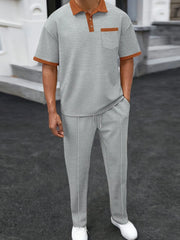 Men's Full Size Waffle-Knit Contrast Polo and Pants Set Plus Size Gray / S