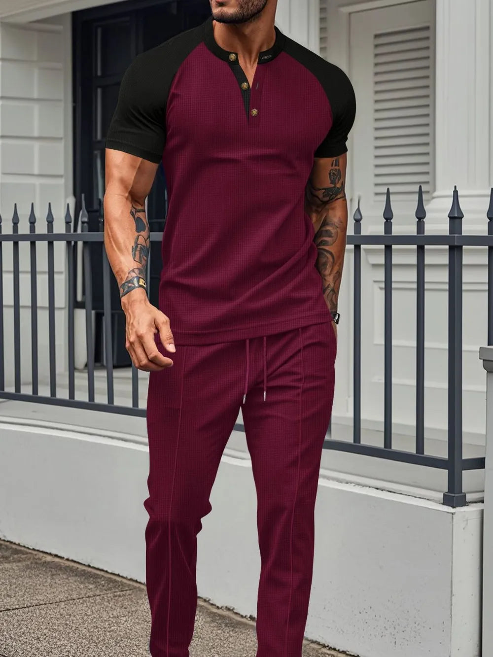 Men's Full Size Waffle-Knit Contrast Top and Drawstring Pants Set Plus Size Burgundy / S