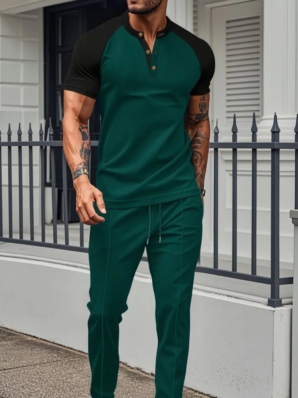 Men's Full Size Waffle-Knit Contrast Top and Drawstring Pants Set Plus Size Dark Green / S
