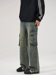 Men's Full Size Wide Leg Cargo Jeans Plus Size Vintage Blue / S