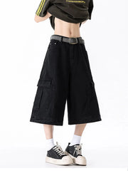 Men's Full Size Wide Leg Cargo Shorts Plus Size Black / XS