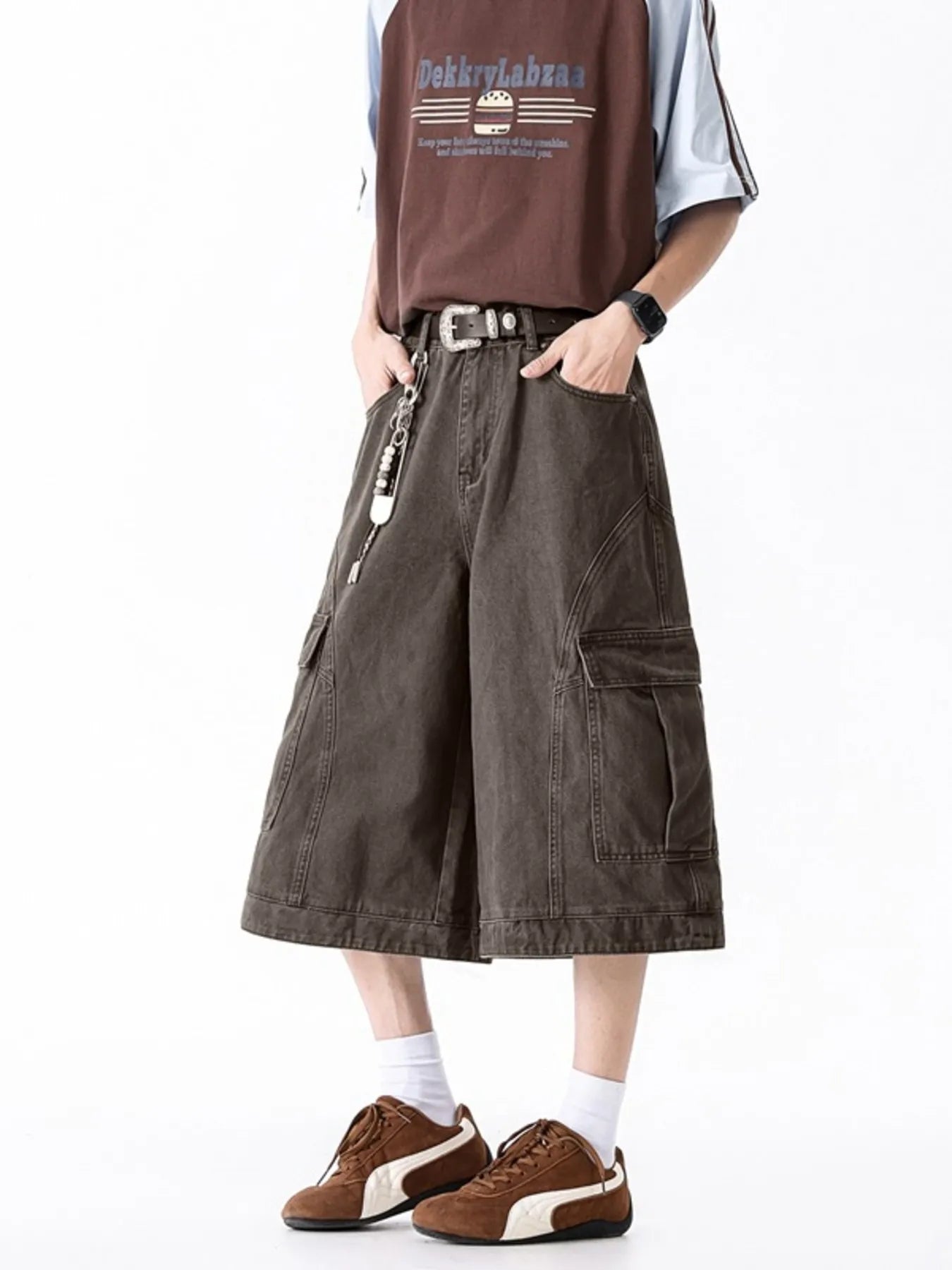 Men's Full Size Wide Leg Cargo Shorts Plus Size Brown / XS