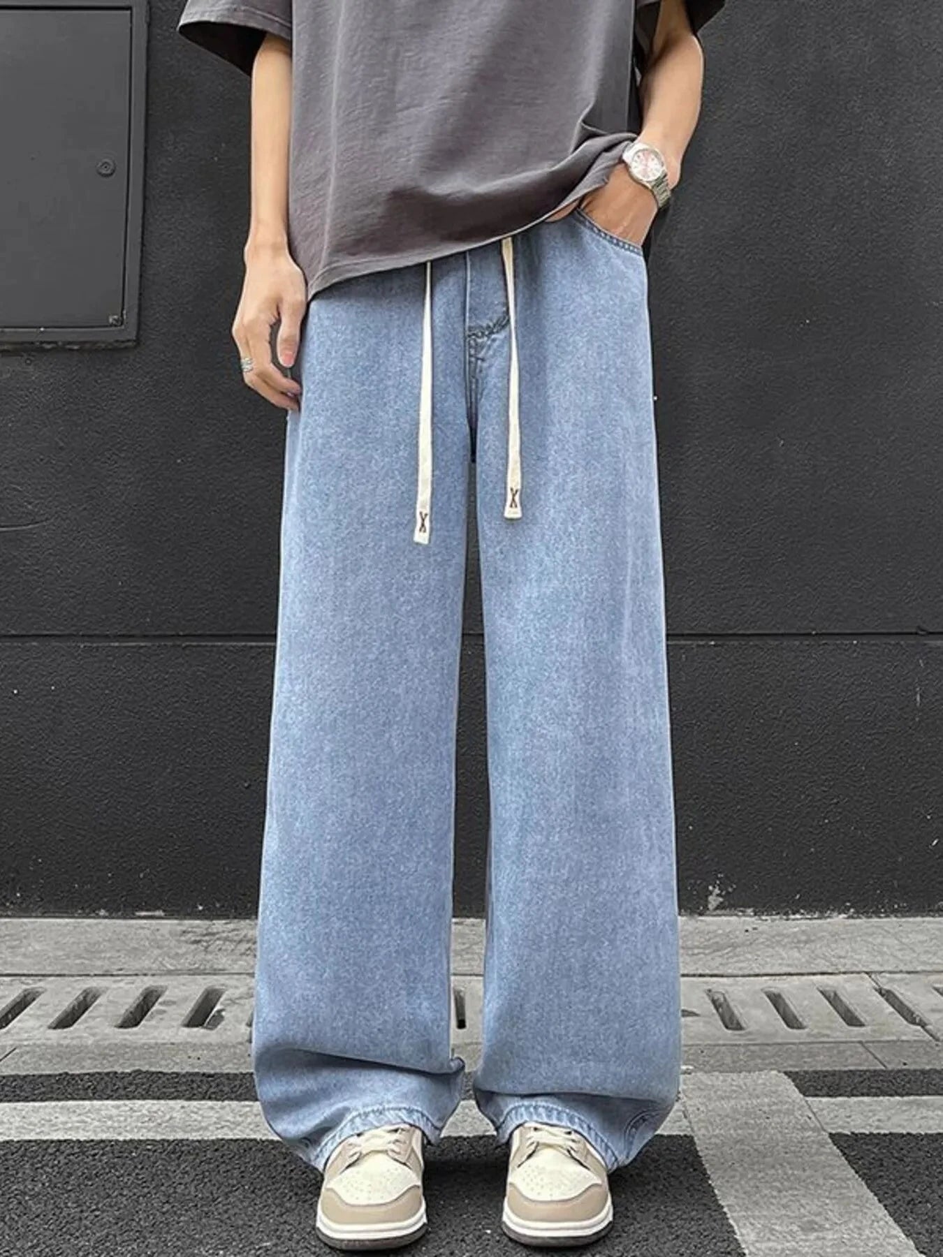 Men's Full Size Wide Leg Drawstring Jeans Plus Size Light Blue / S