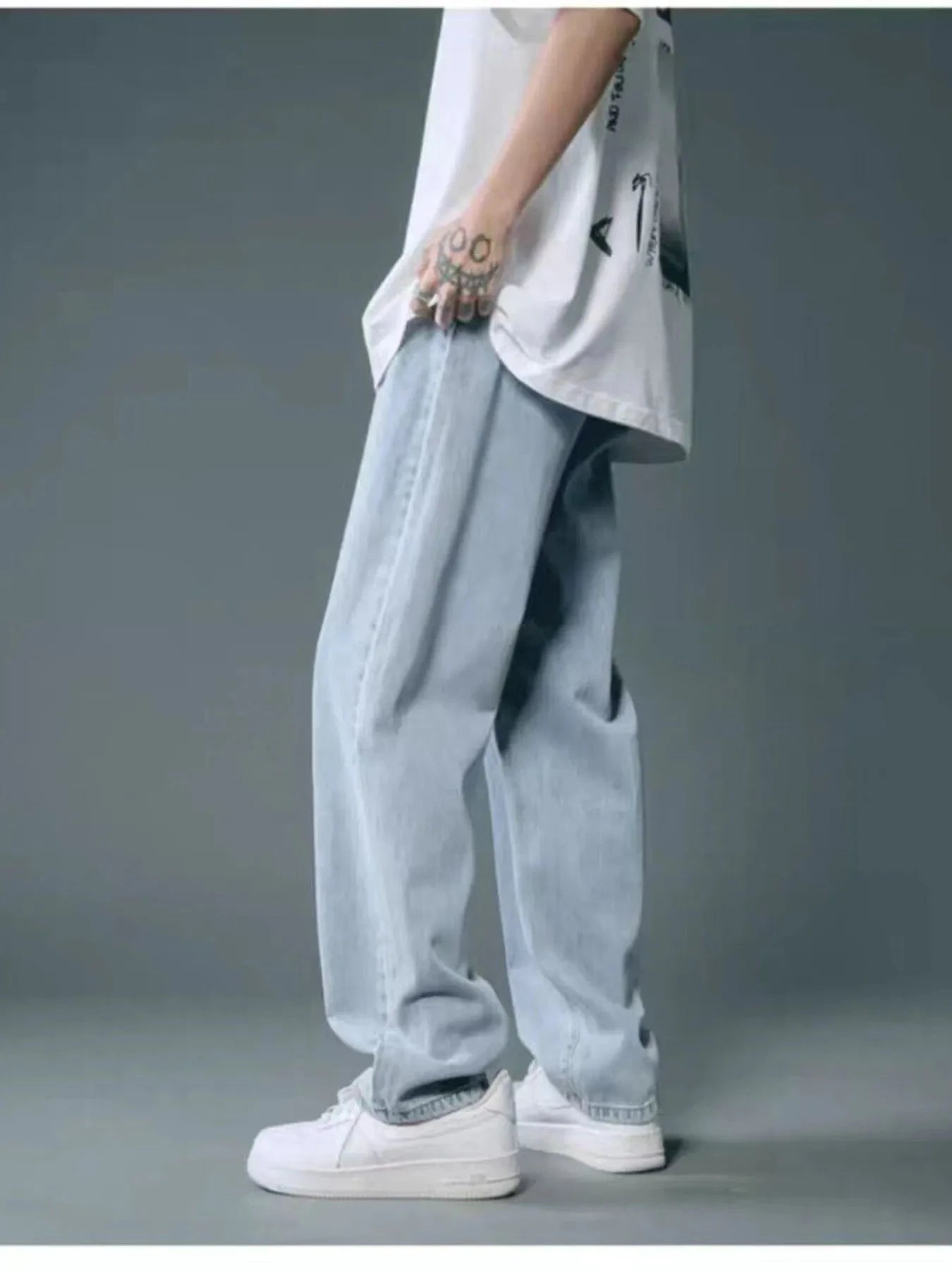 Men's Full Size Wide Leg Wash Relaxed Fit Jeans Plus Size Light Blue / S