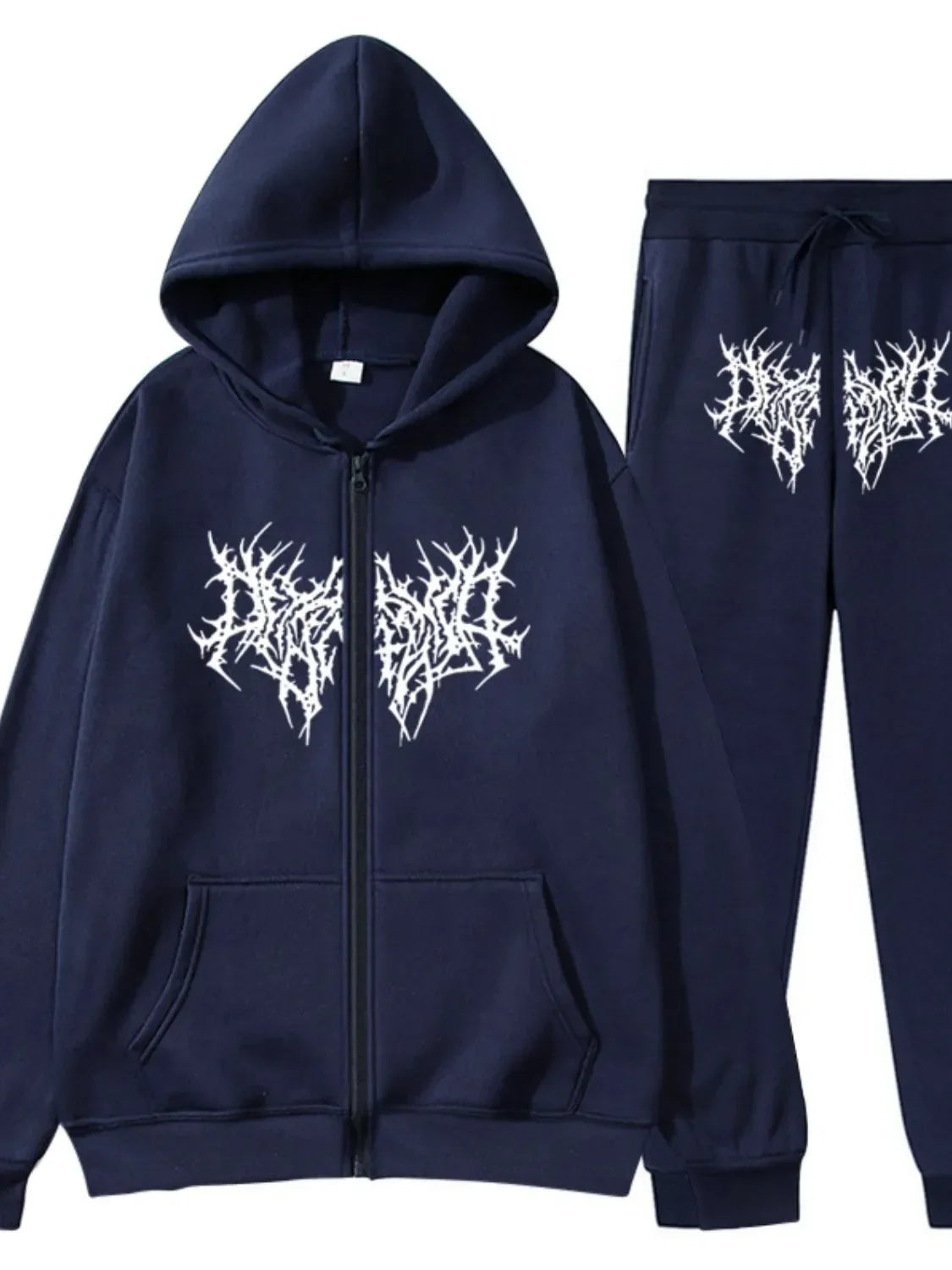 Men's Full Size Zip Up Long Sleeve Hoodie and Pants Set Plus Size Navy / S