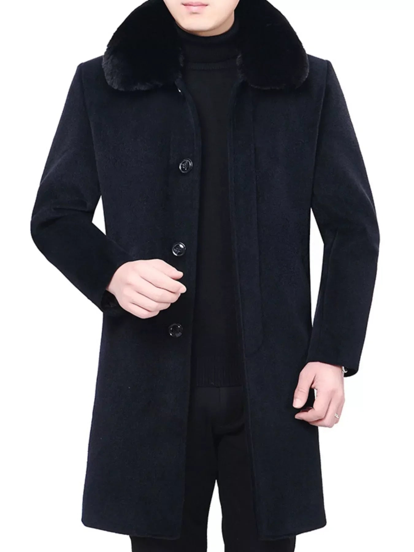 Men's Fur Collar Button Up Overcoat Blue / 175