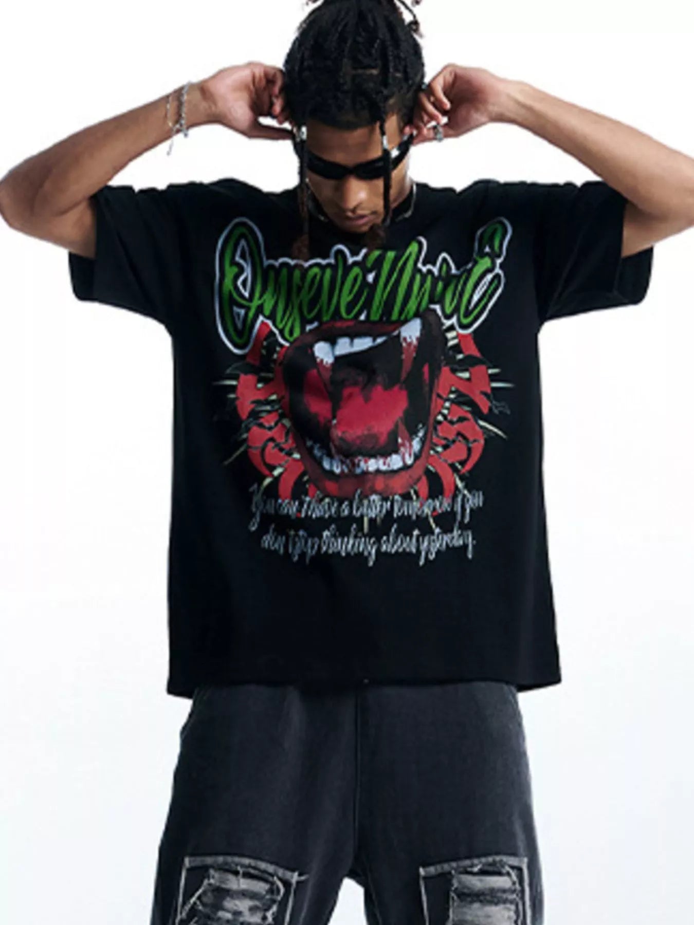 Men's Graphic Round Neck Oversized T-Shirt Black / S