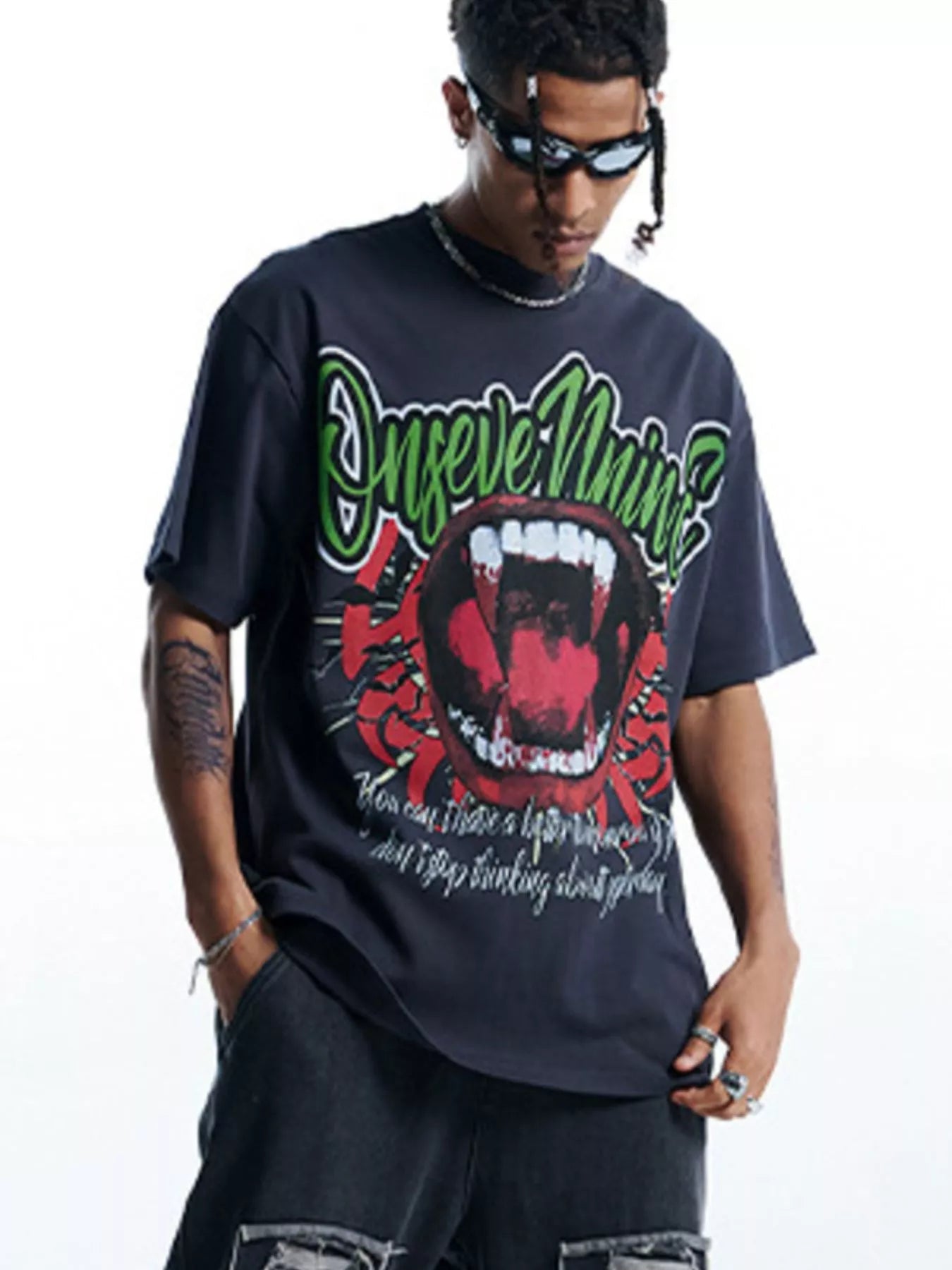 Men's Graphic Round Neck Oversized T-Shirt Dark Gray / S