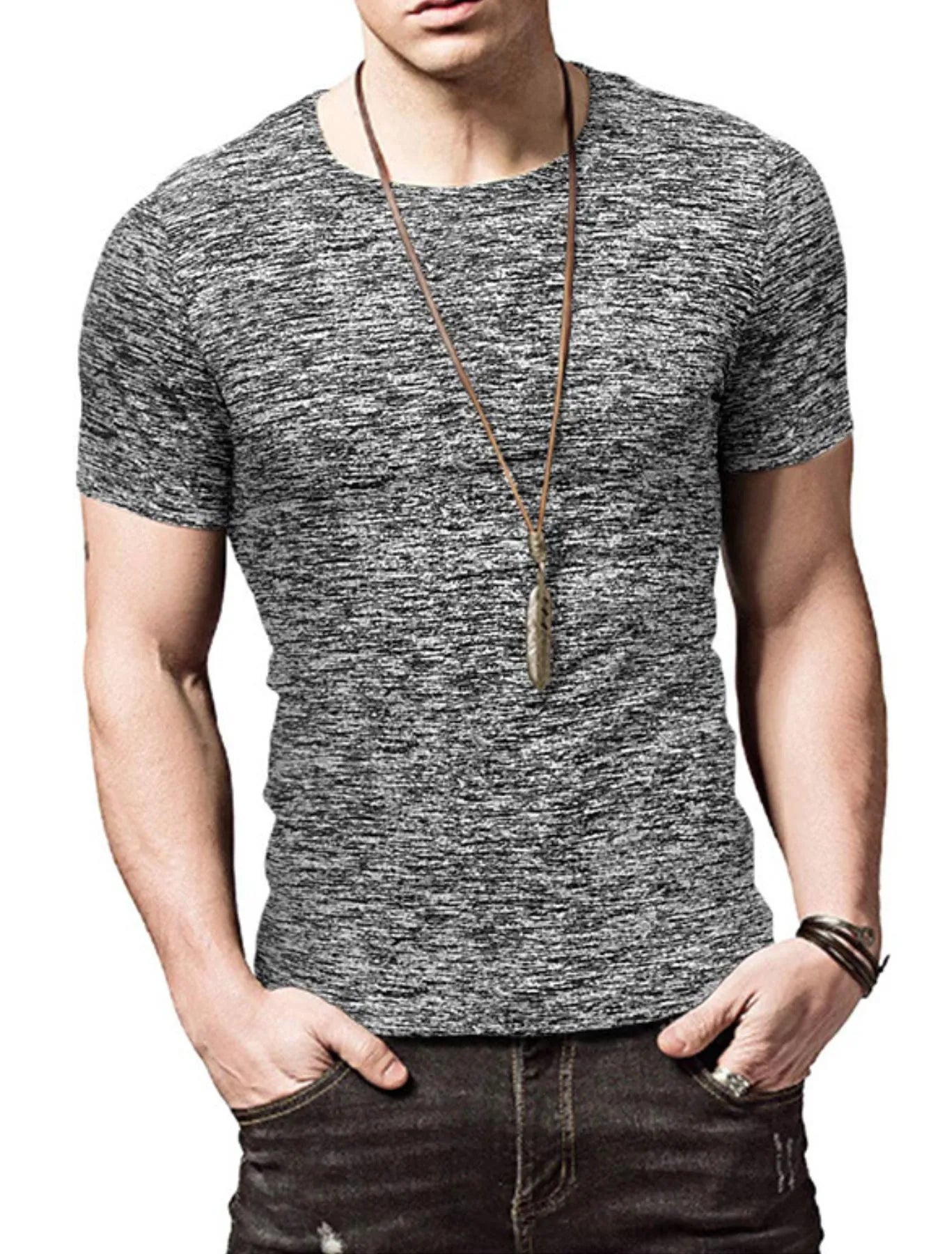 Men's Heathered Casual Round Neck T-Shirt Dark Gray / S