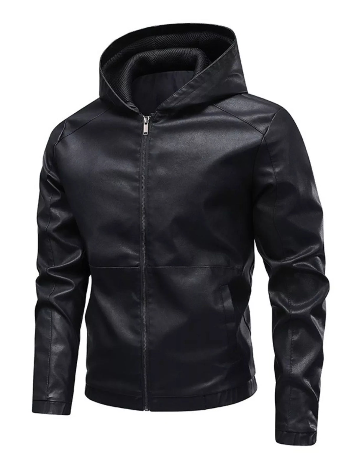 Men's Hooded Faux Leather Moto Jacket Black / XS