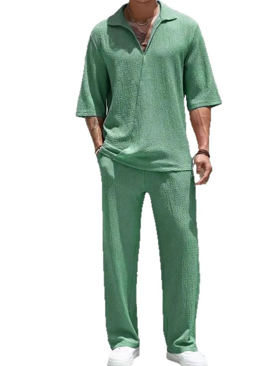 Men's Johnny Collar Half Sleeve Top and Pants Set