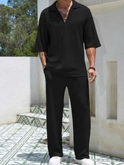 Men's Johnny Collar Half Sleeve Top and Pants Set Black / S