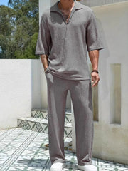 Men's Johnny Collar Half Sleeve Top and Pants Set Dark Gray / S