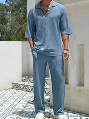 Men's Johnny Collar Half Sleeve Top and Pants Set Dusty Blue / S