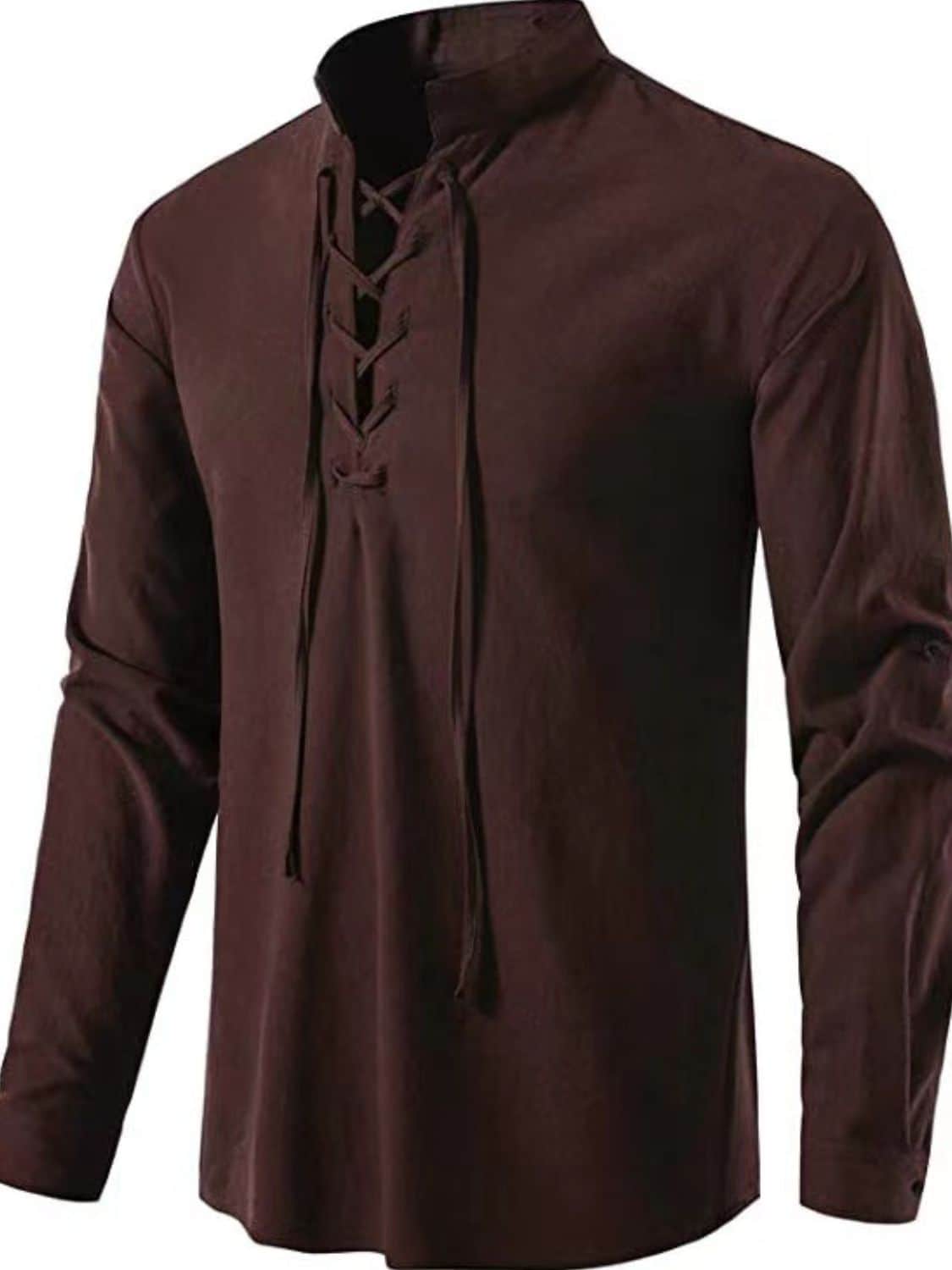Men's Lace Up Long Sleeve Blouse Coffee Brown / S
