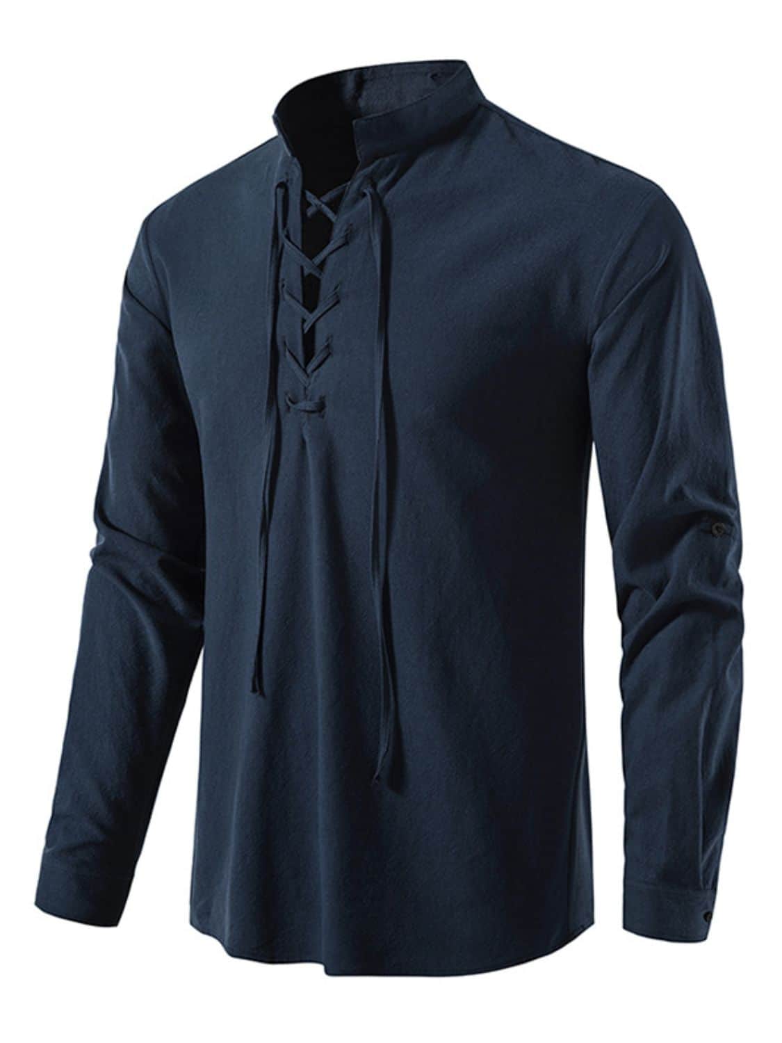 Men's Lace Up Long Sleeve Blouse Peacock  Blue / S