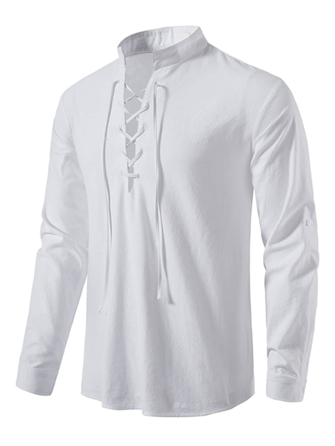 Men's Lace Up Long Sleeve Blouse White / S