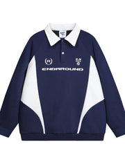 Men's Letter Contrast Long Sleeve Polo Sweatshirt Dark Blue / S