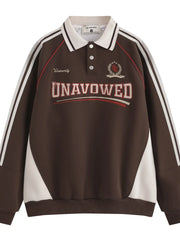 Men's Letter Graphic Striped Polo Collar Sweatshirt Coffee / S