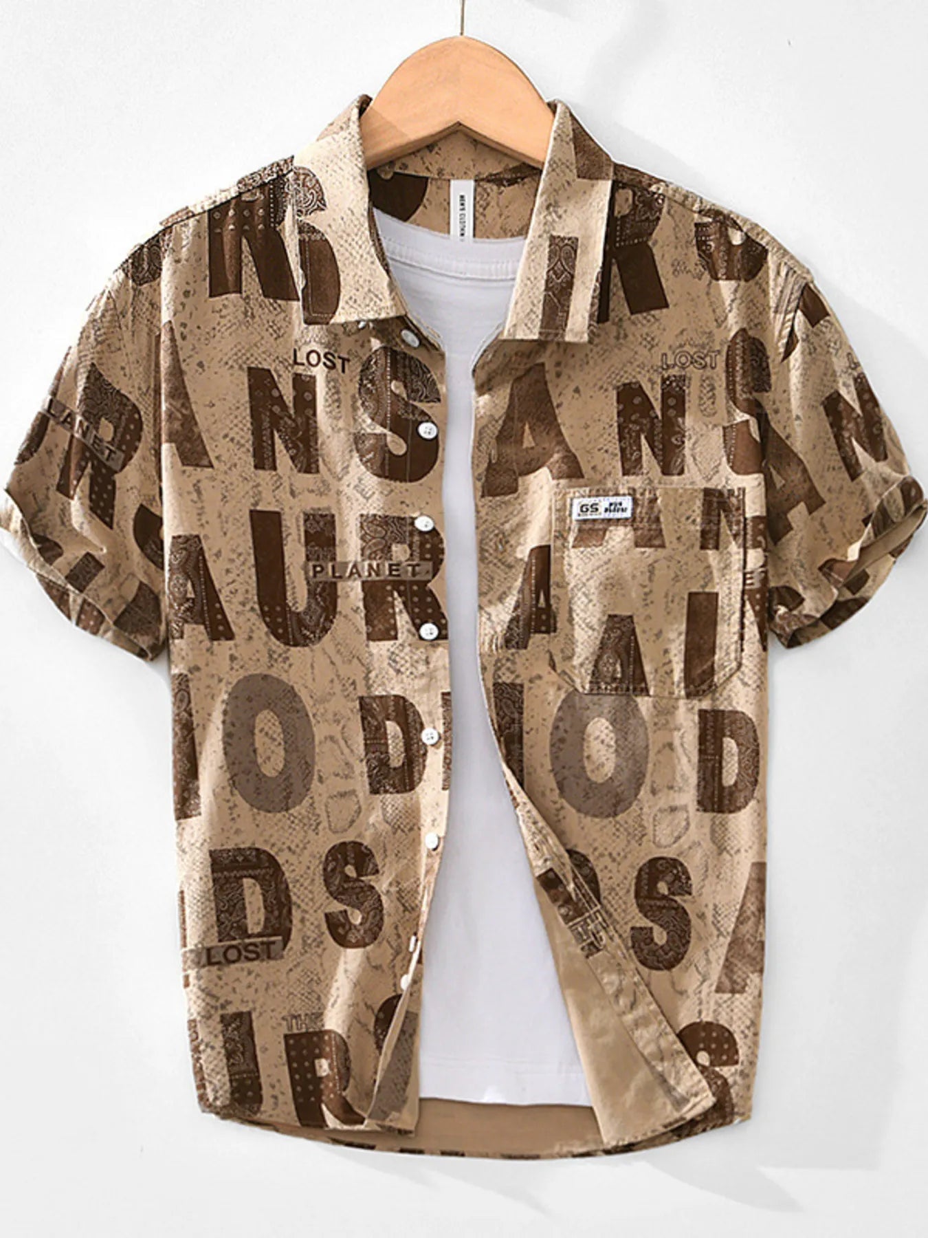 Men's Letter Print Short Sleeve Shirt Khakis / M