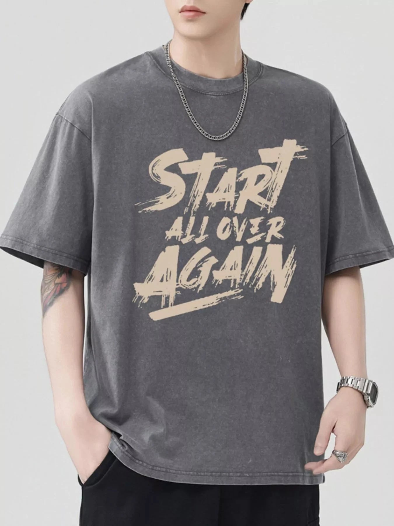 Men's Letter Round Neck Half Sleeve T-Shirt Grey / S