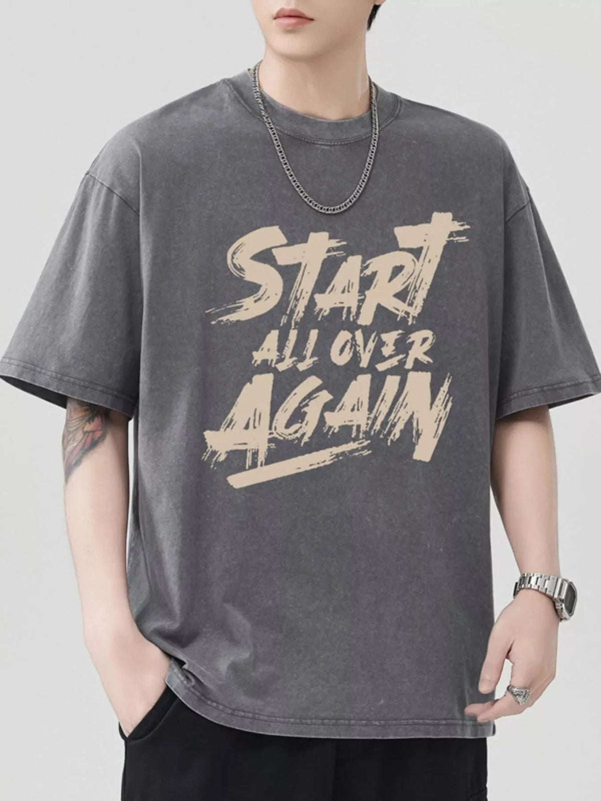 Men's Letter Round Neck Half Sleeve T-Shirt Grey / S