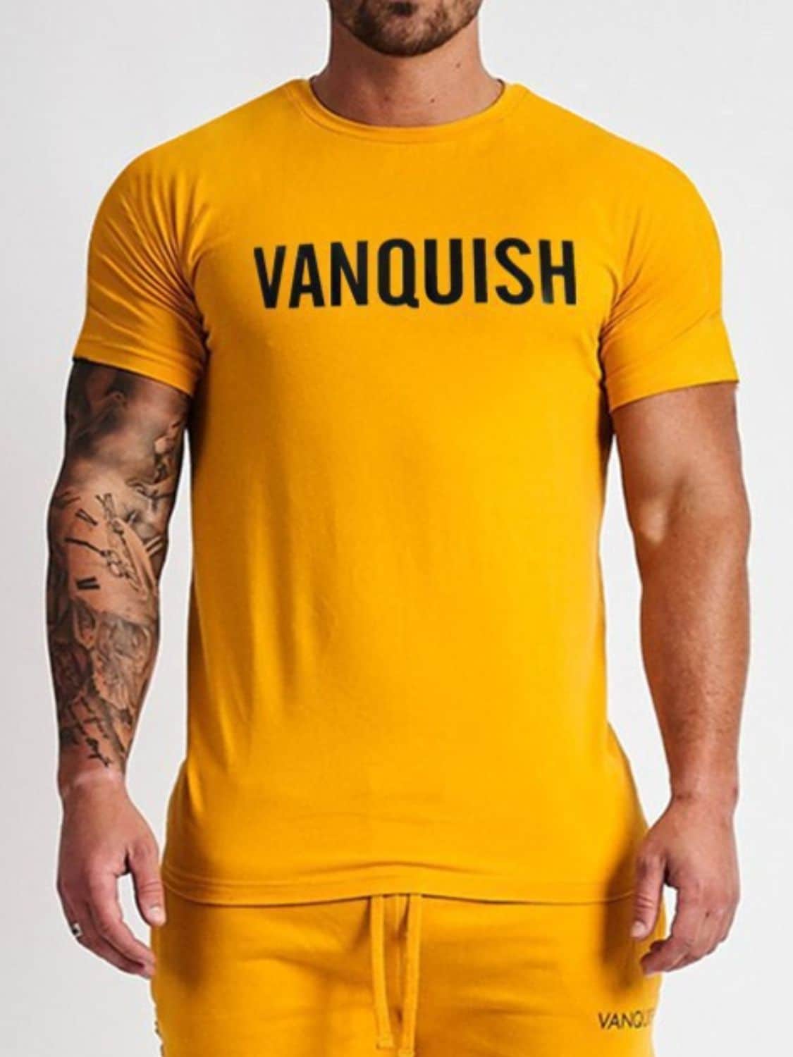 Men's Letter Round Neck Short Sleeve T-Shirt Mustard / M