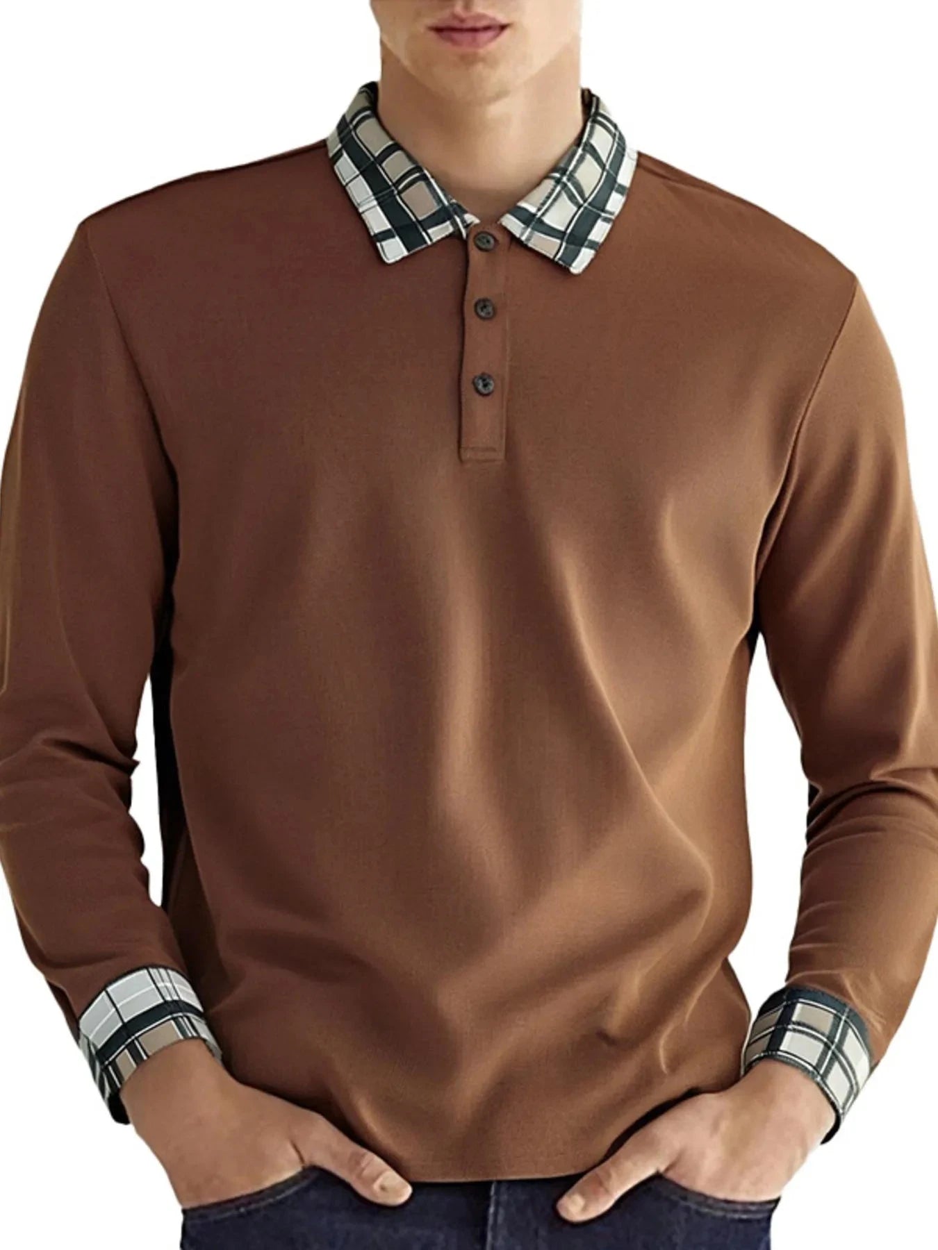 Men's Long Sleeve Plaid Collar Polo Shirt Khaki / S