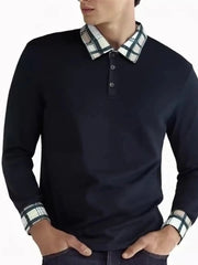 Men's Long Sleeve Plaid Collar Polo Shirt Navy Blue / S