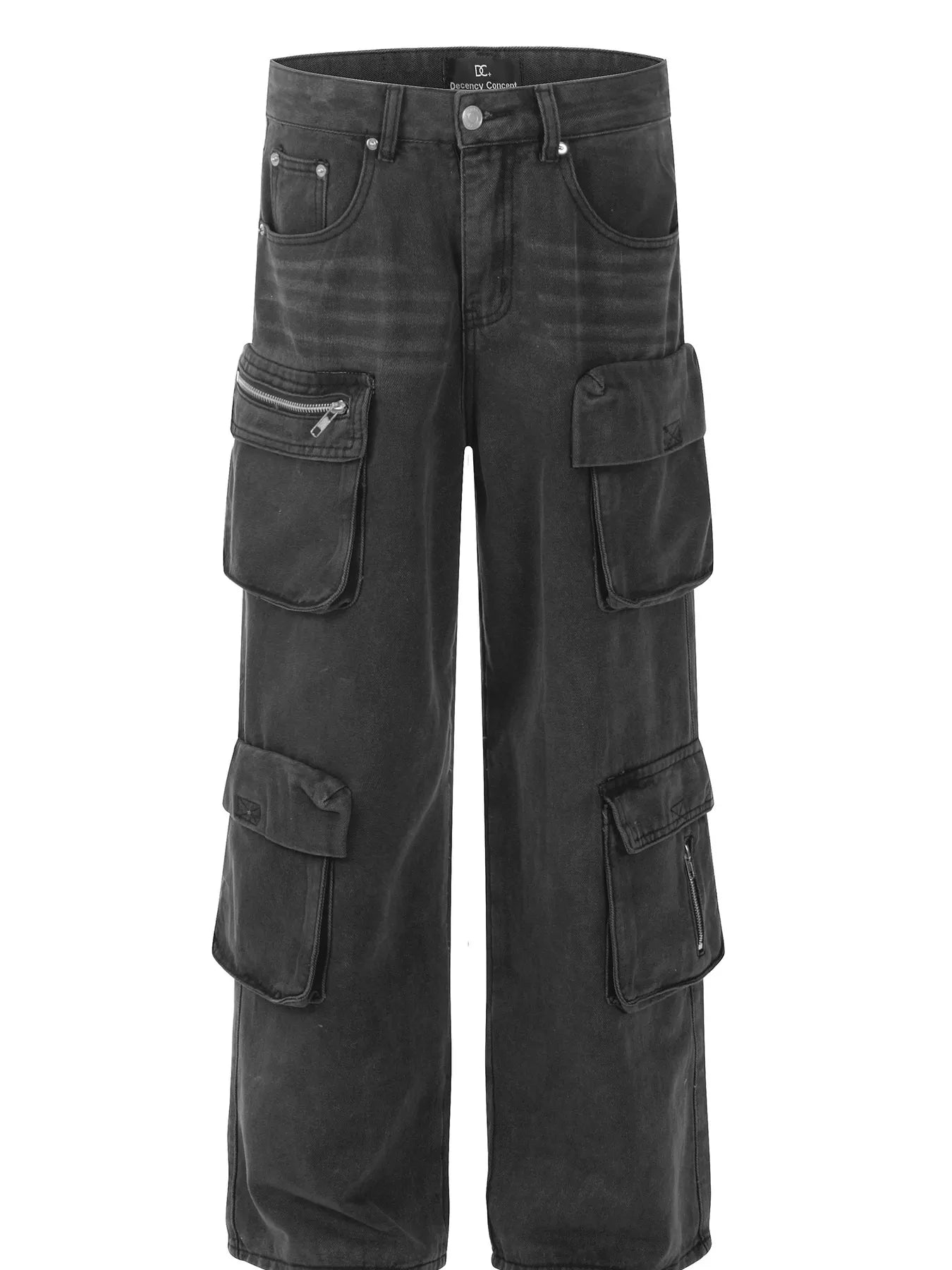 Men's Multi-Pocket Cargo Style Wide Leg Jeans Black Gray / S