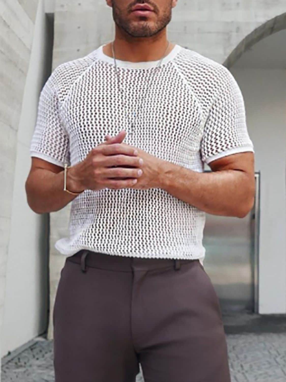 Men's Openwork Round Neck Short Sleeve T-Shirt Ivory / M