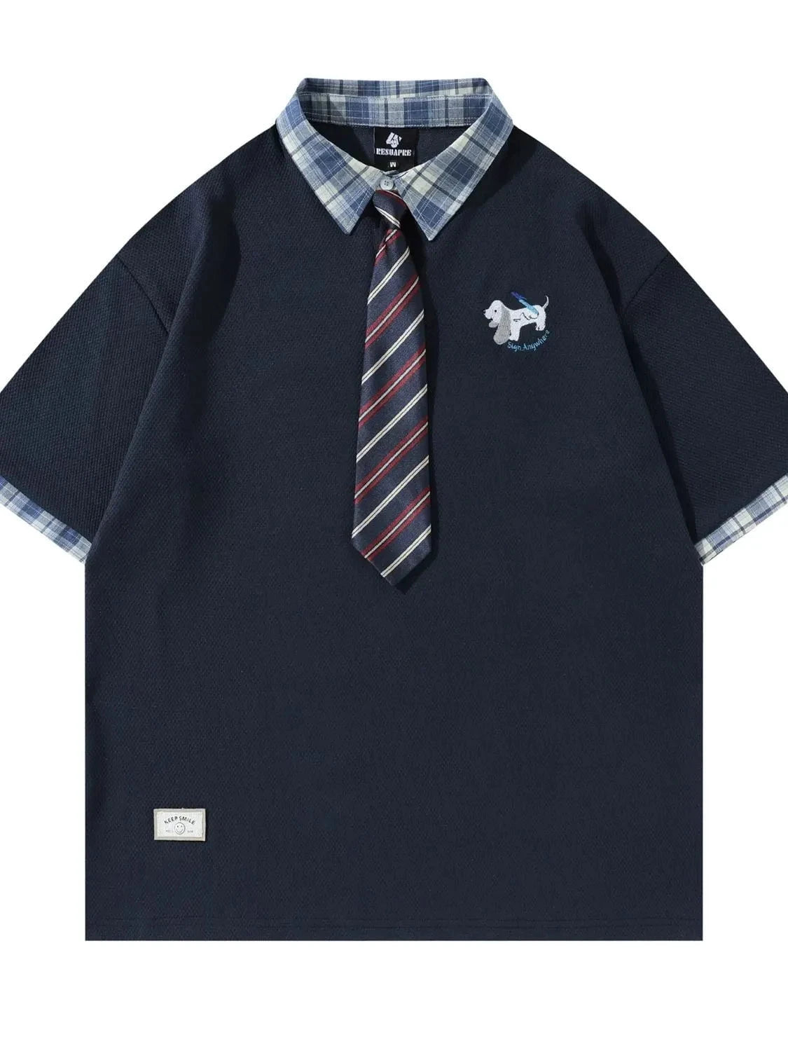 Men's Plaid Collar Short Sleeve Polo with Tie Blue / M